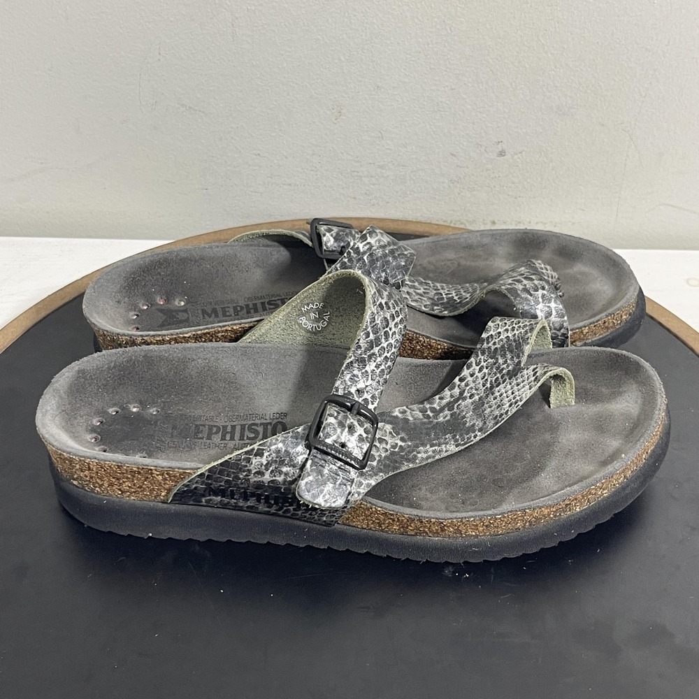 Mephisto Helen Sandals Women 39 Snakeskin Print Buckle Straps Gray Silver Boho